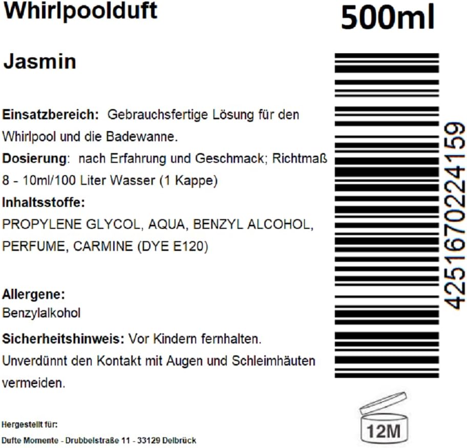 Dufte Momente | Whirlpool Duft 500ml | Jasmin | mit naturreinen und natürlichen ätherischen Ölen | k