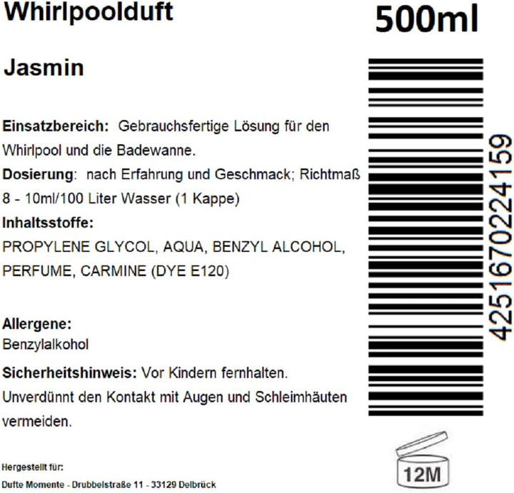 Dufte Momente | Whirlpool Duft 500ml | Jasmin | mit naturreinen und natürlichen ätherischen Ölen | k