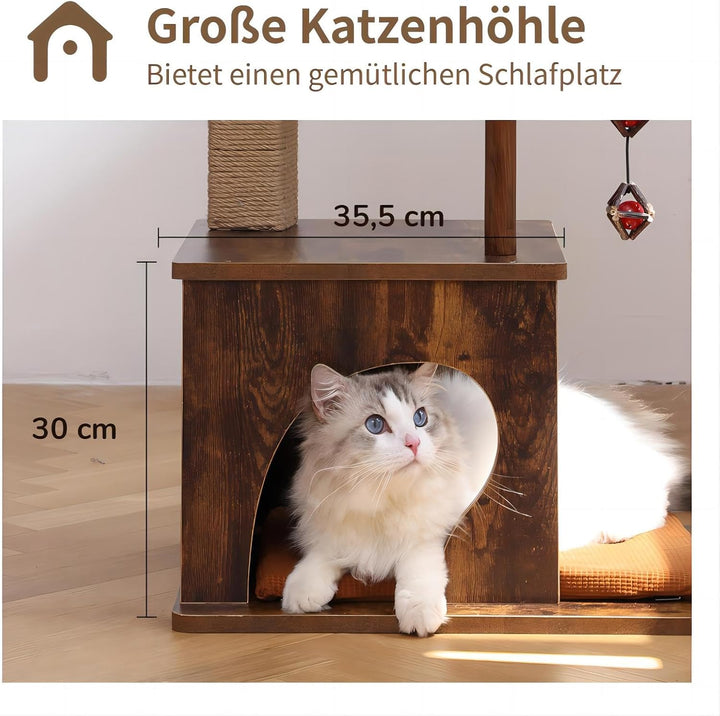 FUKUMARU Kratzbaum, 135 cm hoher Kratzbaum, mit Juteseil-Kratzpfosten und Hängematte, Katzenbaum mit