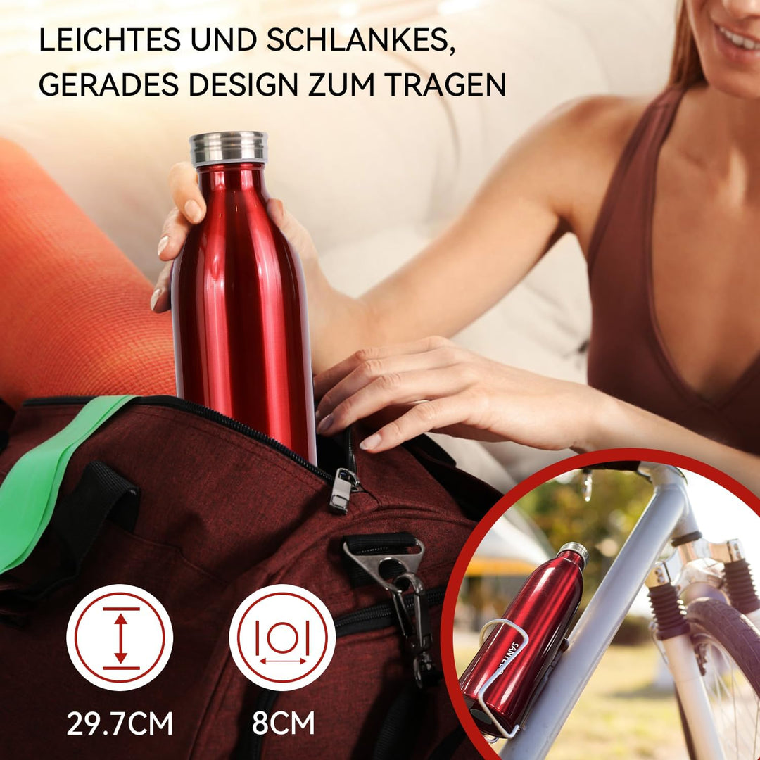 SANTECO Edelstahl Trinkflasche 1L, 100% dicht Thermosflasche 12 h heiss / 24 h kalt, absolut dicht f