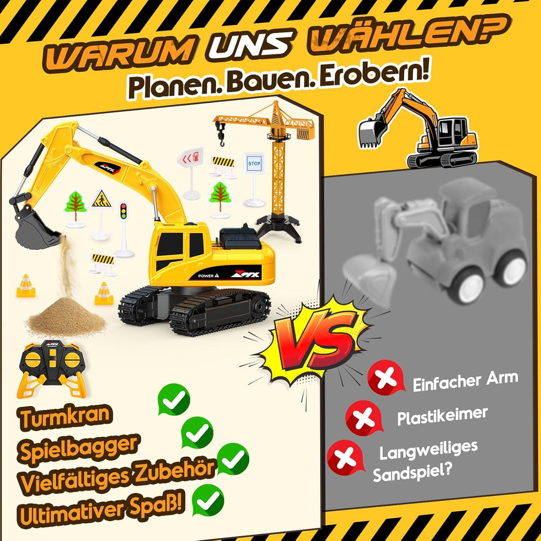 HappyGoLucky Ferngesteuertes Auto Bagger mit Verkehrsspielzeug Zubehör, 2.4Ghz RC Bagger Spielzeug a