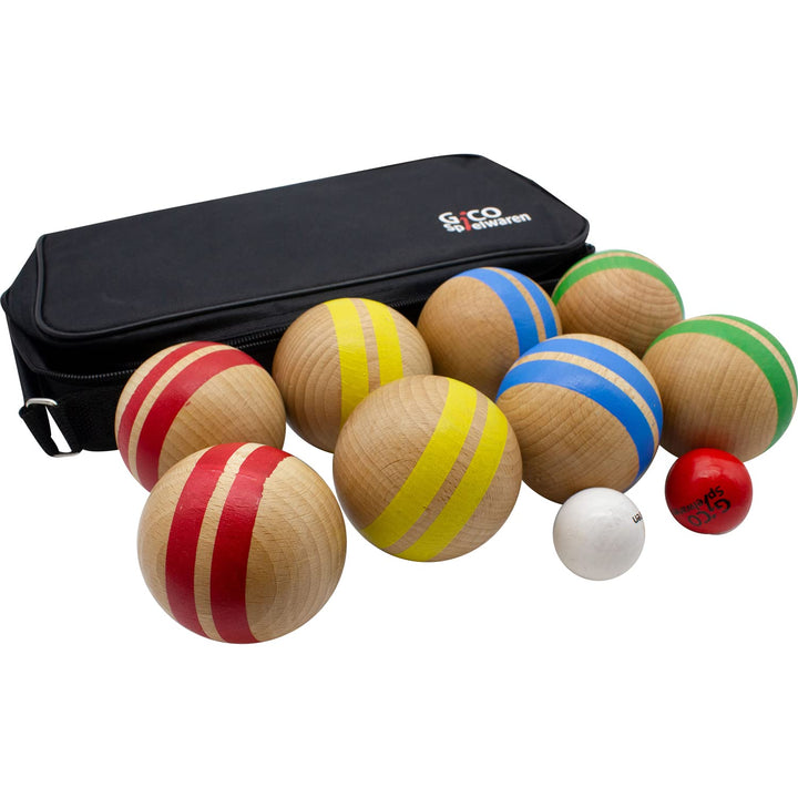 GICO Boccia Spiel aus Massivholz, gestreift mit 8 Kugeln, Durchmesser 7 cm. Made in EU -Spiel gut Au