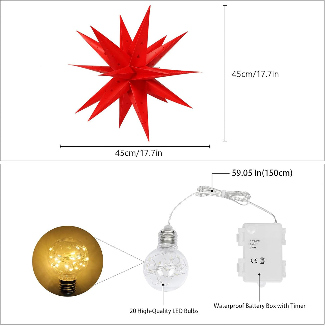 3D Weihnachtsstern Beleuchtet Fenster Batterie mit Timer - 45cm led Weihnachtsbaumspitze Stern, Leuc