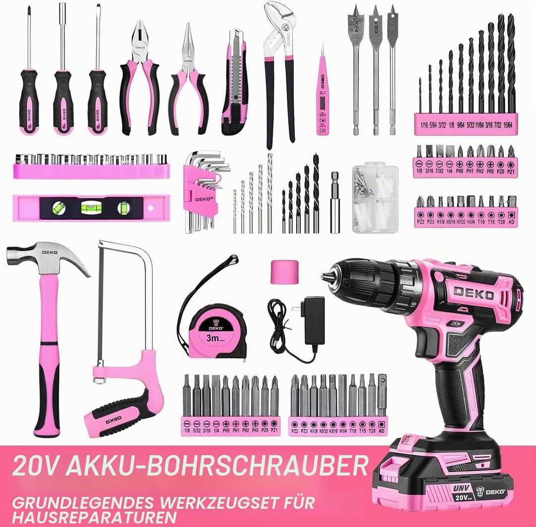 DEKO Kompletter elektrischer Werkzeugkasten, 186 Teile, Rosa, mit 20 V Bohrmaschine ohne Seil, 10 mm