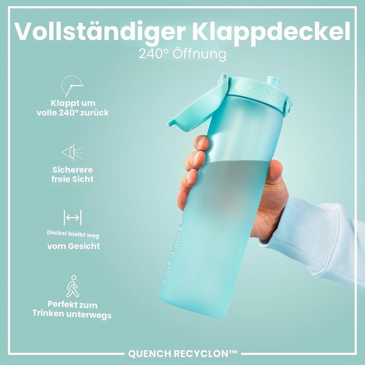 ion8 1 Liter Trinkflasche mit Zeitmarkierungen, Auslaufsicher, Einhandöffnung, Sichere Verriegelung,