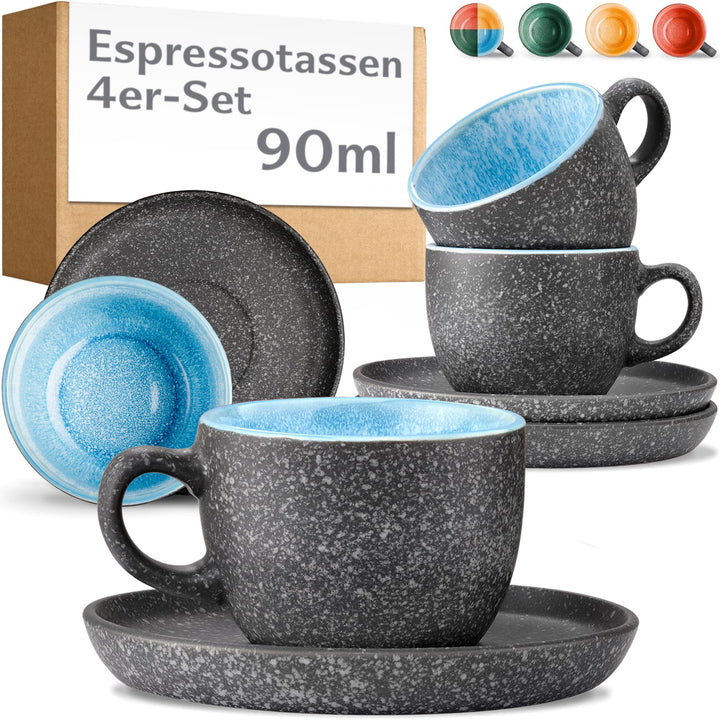 Cosumy Espressotassen mit Untertassen 4er Set - 90 ml Keramik, 𝗗𝗶𝗰𝗸𝘄𝗮𝗻𝗱𝗶𝗴𝗲𝘀 Steingut mit Handgeferti