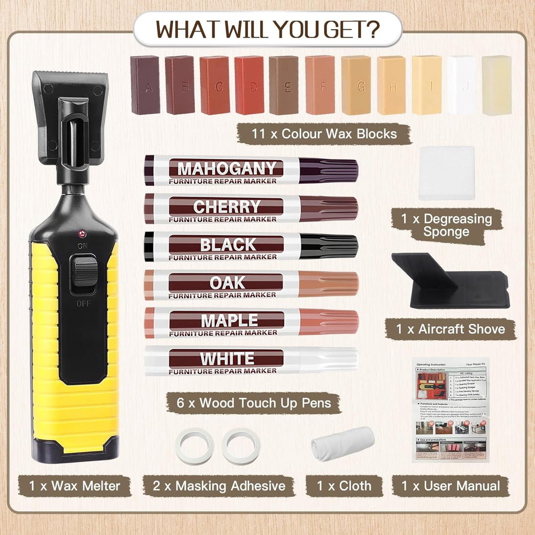 Laminat Reparaturset, Parkett Reparaturset mit 11 Farben Hartwachs, 6 Möbel Reparaturmarker, Schmelz