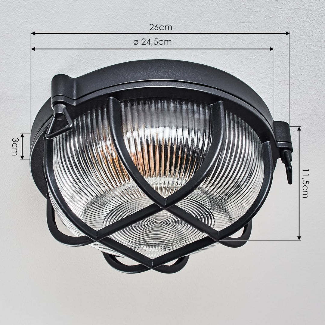 HOFSTEIN Aussendeckenleuchte Godel, Aussendeckenlampe aus Metall/Riffelglas in Schwarz/Klar, Deckenl