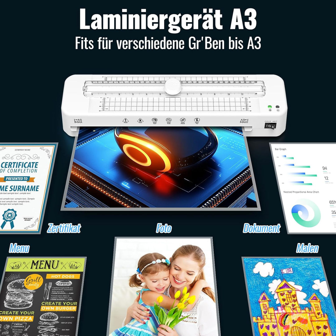 Laminiergerät A3 für A3 A4 A5 A6 A7 mit 50pcs Laminierfolien, Heiss und Kalt Laminiergerät mit Papie