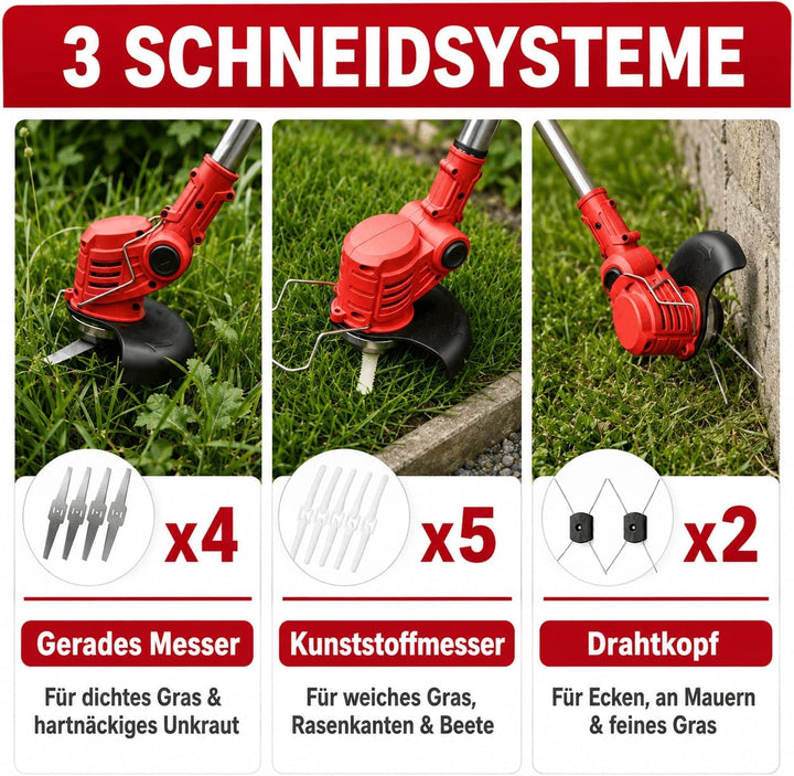 Akku Rasentrimmer mit Akku mit 3 Akkus und 3 Klingentypens
