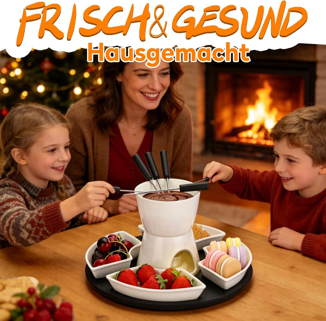 Keramik Fondue-Set mit 4 Schälchen &amp; Gabeln | Weisser Porzellan Käse- &amp; Schokoladen-Schmelztopf | 30