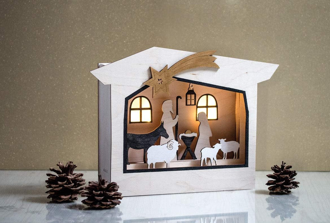 Rayher Holzbaus. 3D-Motivrahmen Krippe, FSC Mix Credit, natur, 24x24 cm, Tiefe 6,3cm, Set 13teilig,