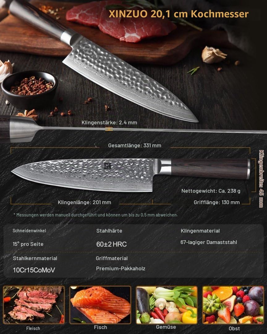 XINZUO 20.1cm Kochmesser,Scharf Profi Damaststahl Gyuto Multifunktions Chefmesser Küchenmesser mit E
