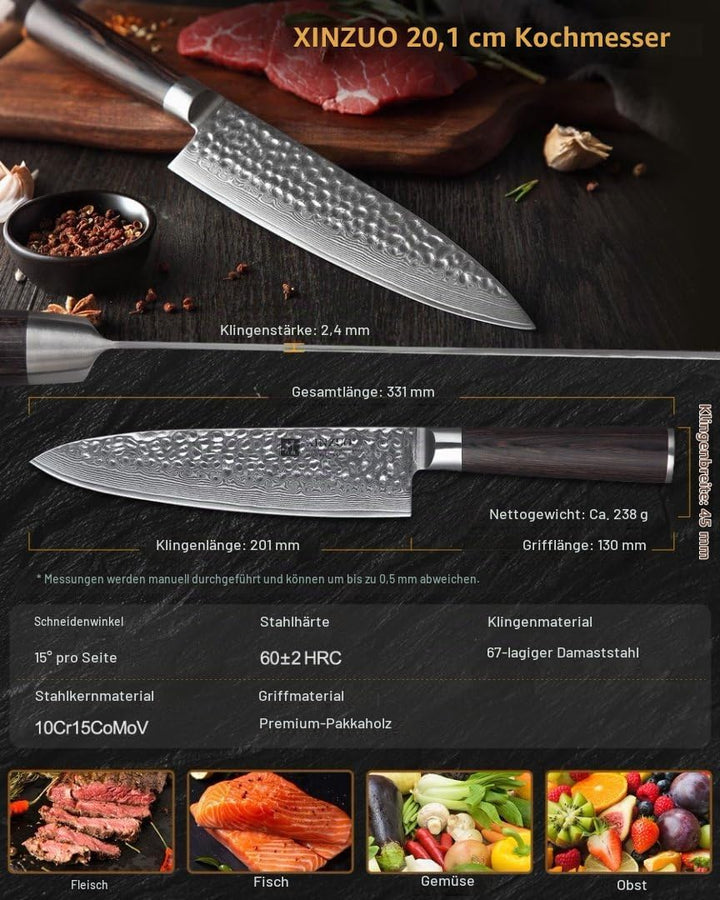 XINZUO 20.1cm Kochmesser,Scharf Profi Damaststahl Gyuto Multifunktions Chefmesser Küchenmesser mit E