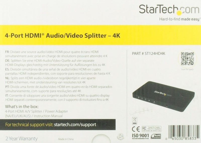 StarTech.com 4 Port HDMI 4k Video Splitter - 1x4 HDMI Verteiler mit Aluminiumgehäuse - 4k @ 30 Hz -