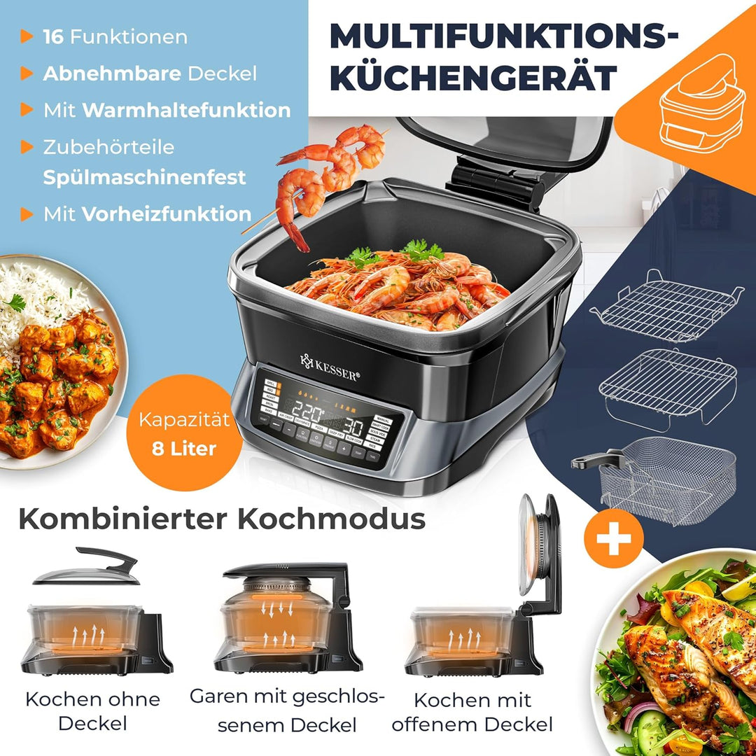 KESSER® Multikocher mit Heissluftfritteuse 8L & 16 Programme Küchengerät - Grillen, Backen, Schmoren