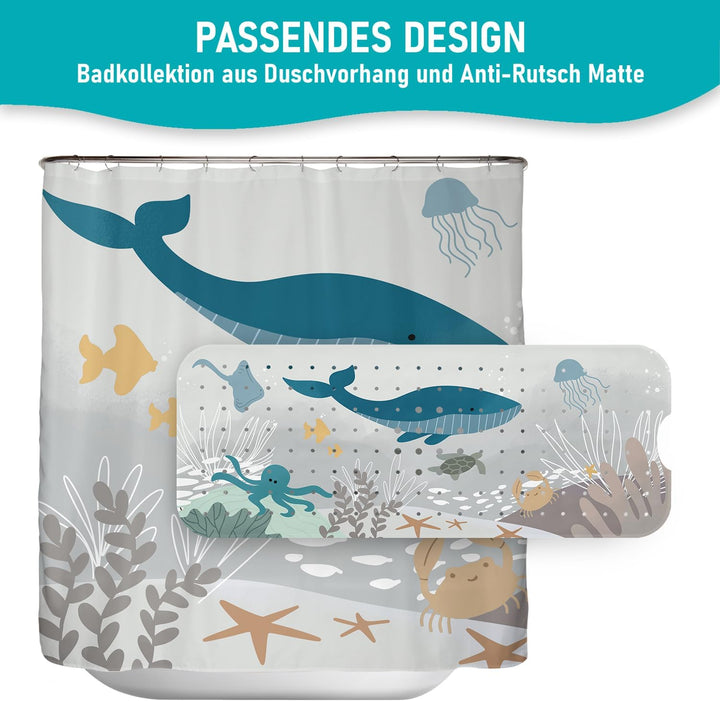 Badewannenmatte 100x40 cm Wasserwelt Grau | Badematte rutschfest | Inkl. Aufhängung | Schimmelresist