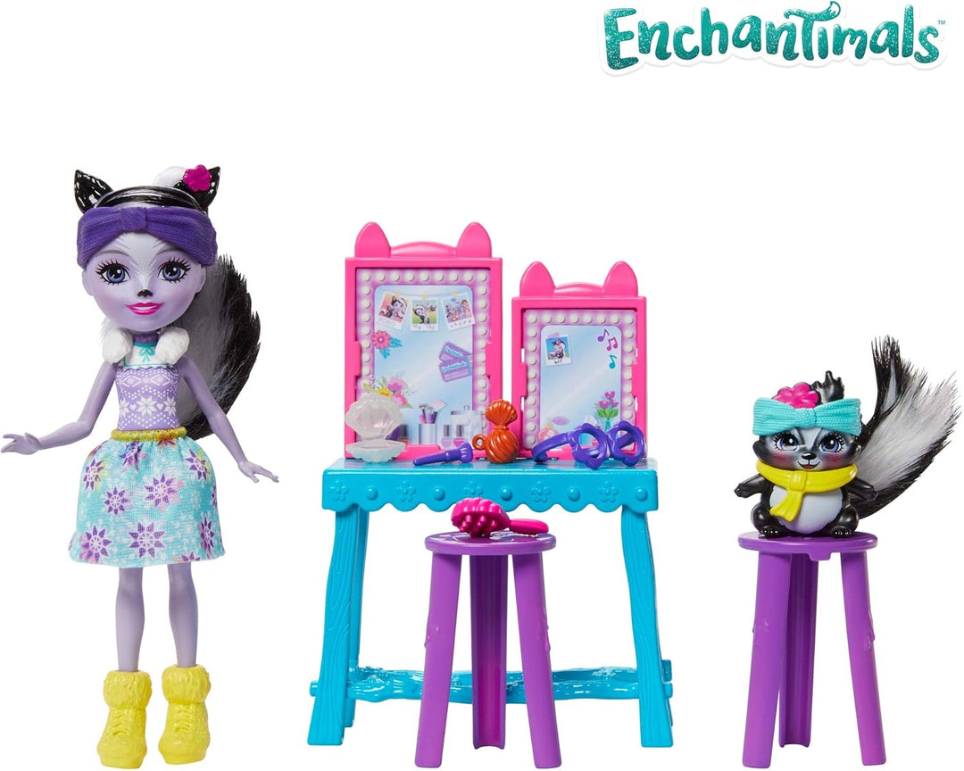 Enchantimals GJX34 - Stinktierspass-Frisiertisch mit Sage Skunk & Caper, Spielset für endlosen Schmi