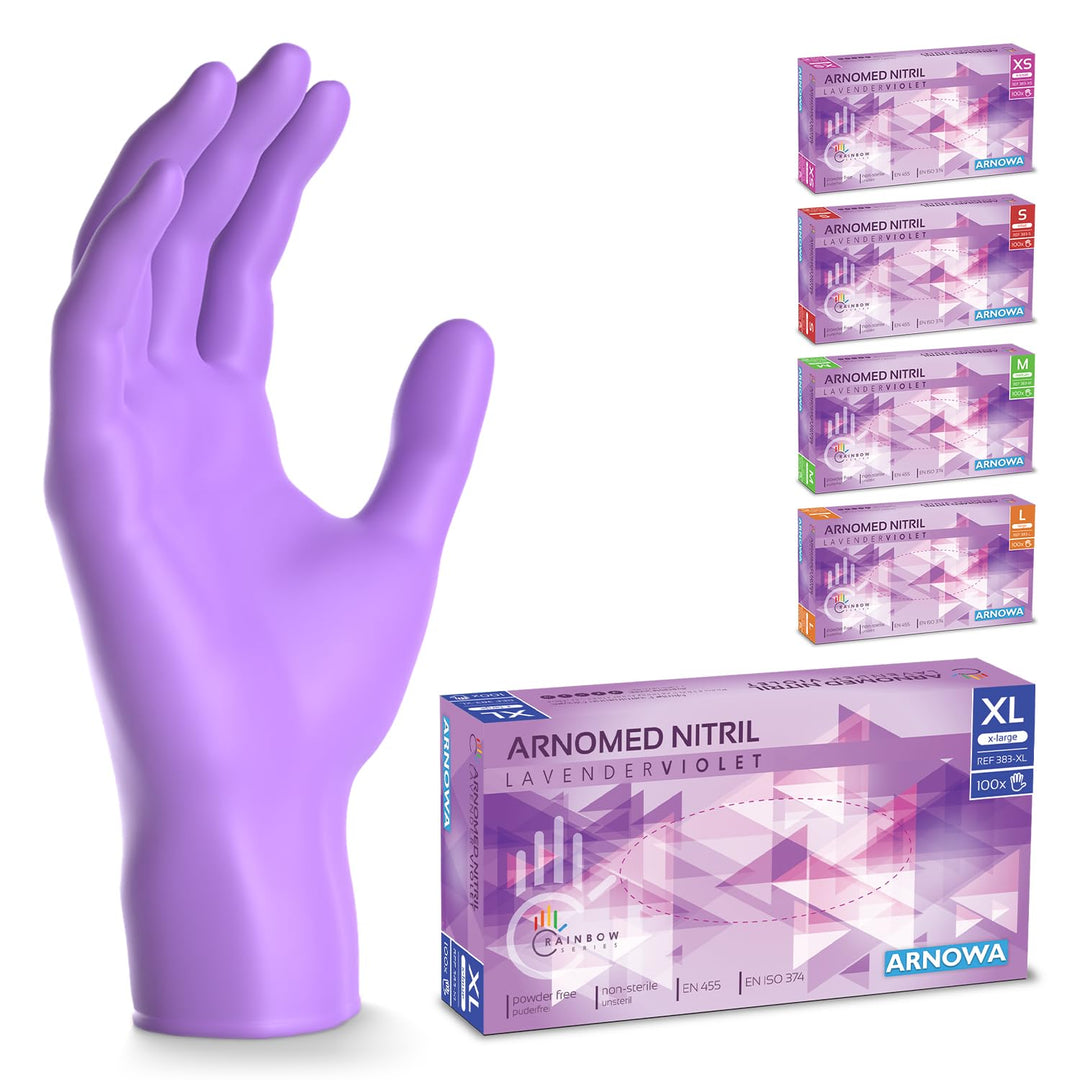 500 Stück ARNOMED Einweghandschuhe Lila, Einmalhandschuhe XL, Nitril Handschuhe Einweg, Nitrilhandsc