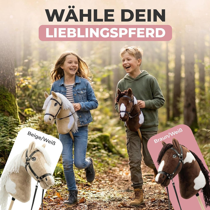 NATURTRIEB Steckenpferd mit Trense | Grosses Hobby Horse für Kinder | A3 | Schecke | mit Halfter & Z