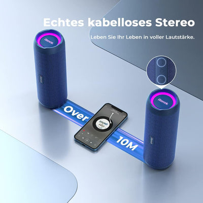 RIENOK Bluetooth Lautsprecher mit Licht Bluetooth 5.3 Musikbox Bass Kabellos Box mit IPX7 wasserdich