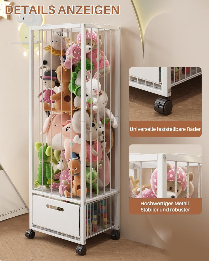 UMDONX Kuscheltier Aufbewahrung mit Schublade, 360° Bremsräder & platzsparend Design, Stofftier Orga