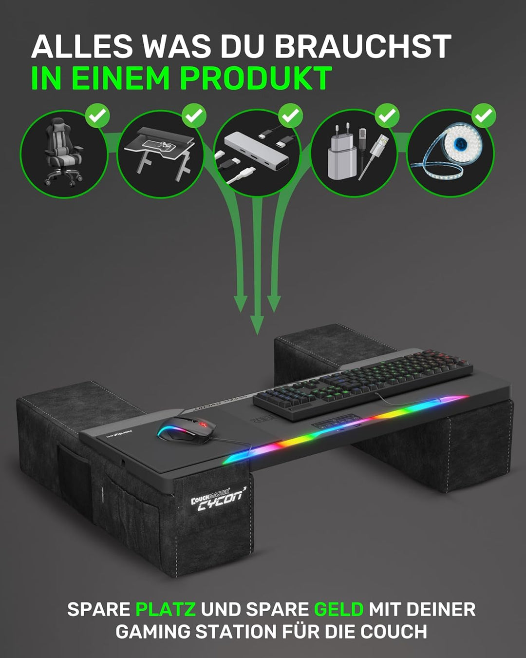 Couchmaster® CYCON² Fusion Grey, Couch Gaming Auflage für Maus & Tastatur (für PC, PS4/5, Xbox One/S