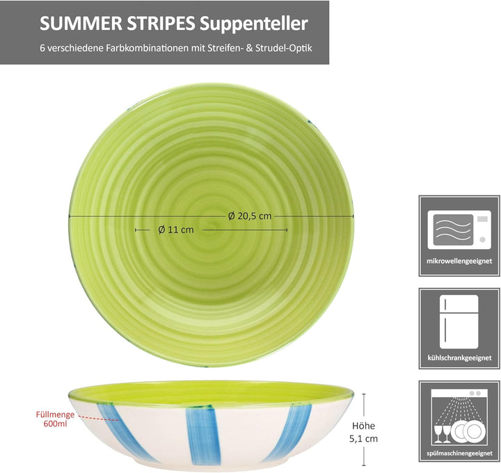 MamboCat Summer Stripes 6er Set Suppenteller I 600ml I Steingut-Teller mit bunten Streifen für 6 Per