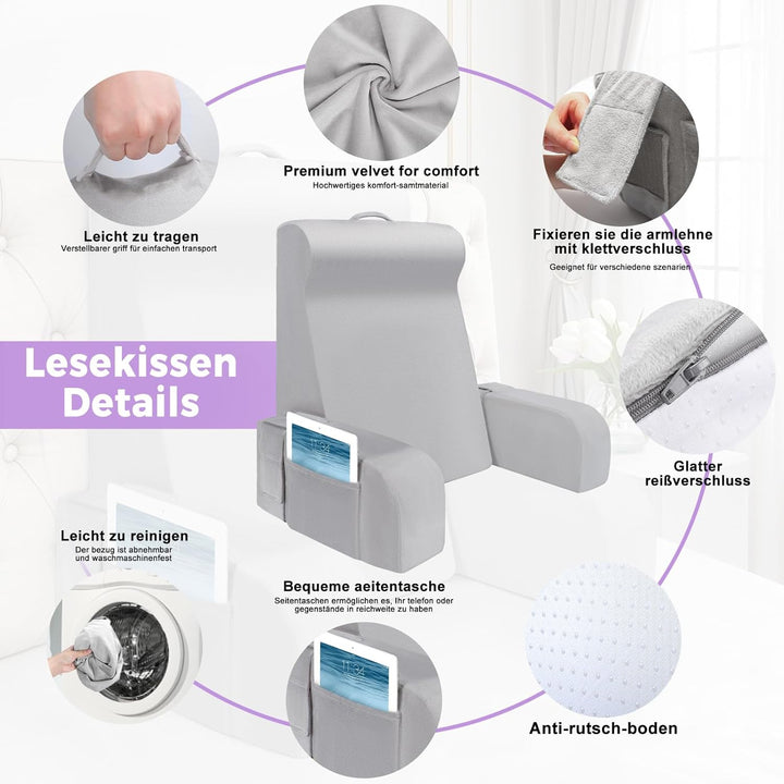 Babenest Lesekissen mit Abnehmbare Armlehnen, Komfortabel und Leicht Rückenkissen für Bett und Sofa,