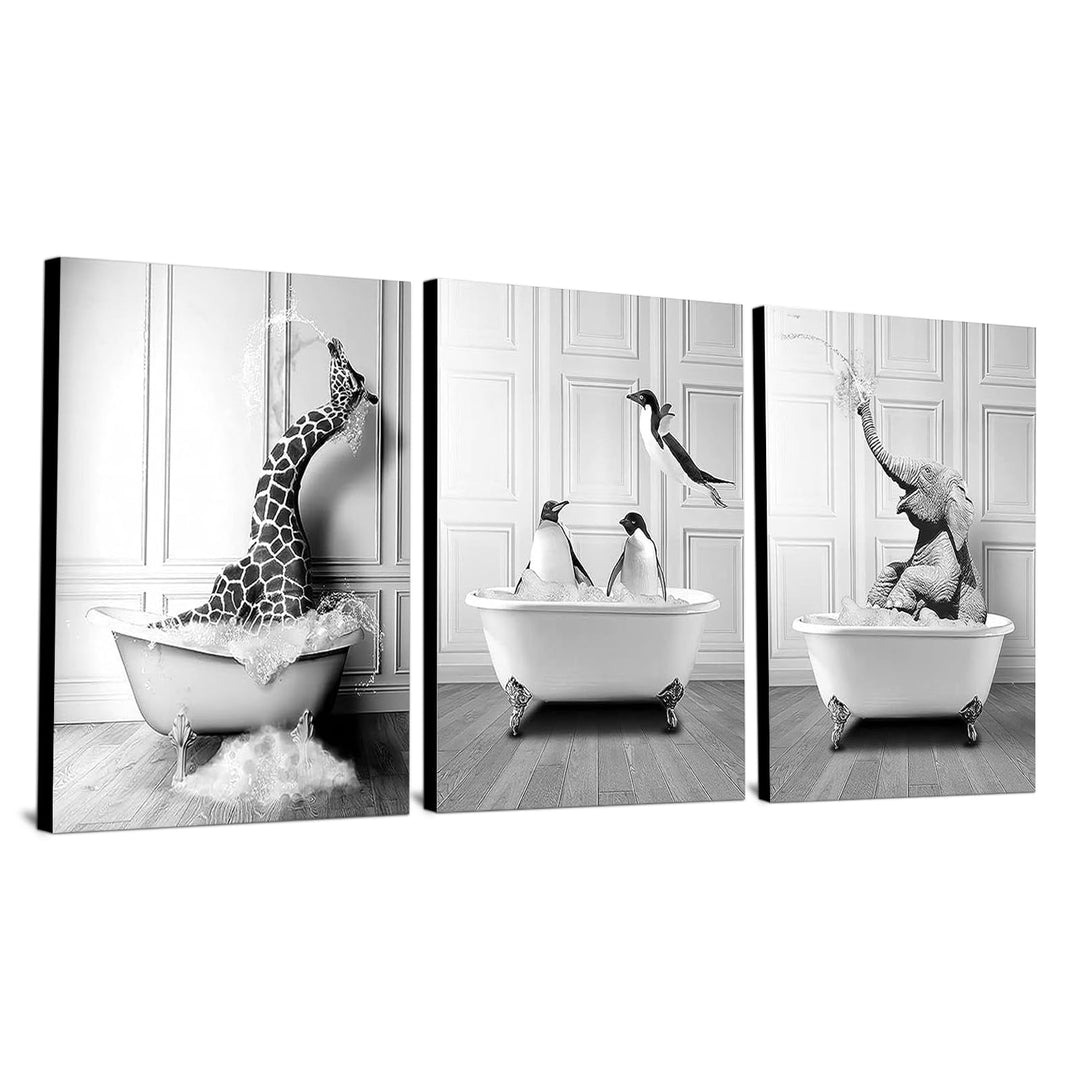 WADBTP Badezimmer Bilder,Schwarz Weiss Bilde,Lustige Tier in der Badewanne Leinwand Bilder für Wohnz