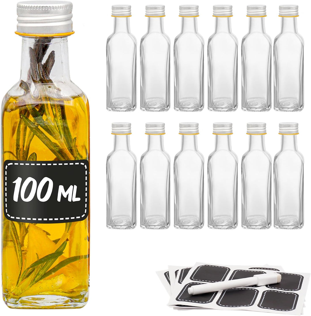 Praknu 12 Glasflaschen 100ml Schraubverschluss Flaschen zum Befüllen - 12 Etiketten mit Stift - Glas