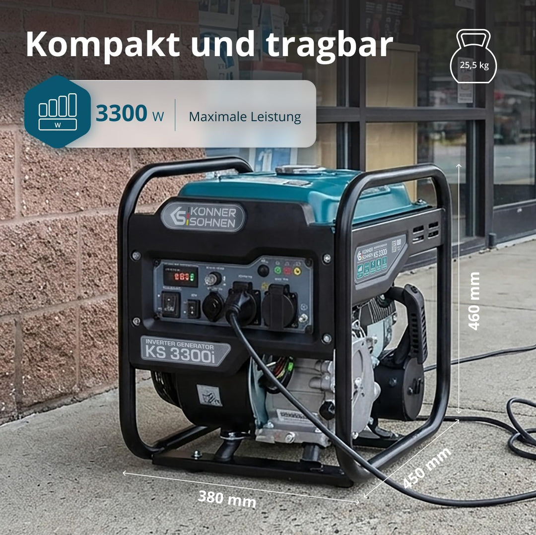 Könner & Söhnen KS 3300i. Benzin-Invertergenerator 3300W, stromerzeuger mit 2xSchuko 230V, notstromg