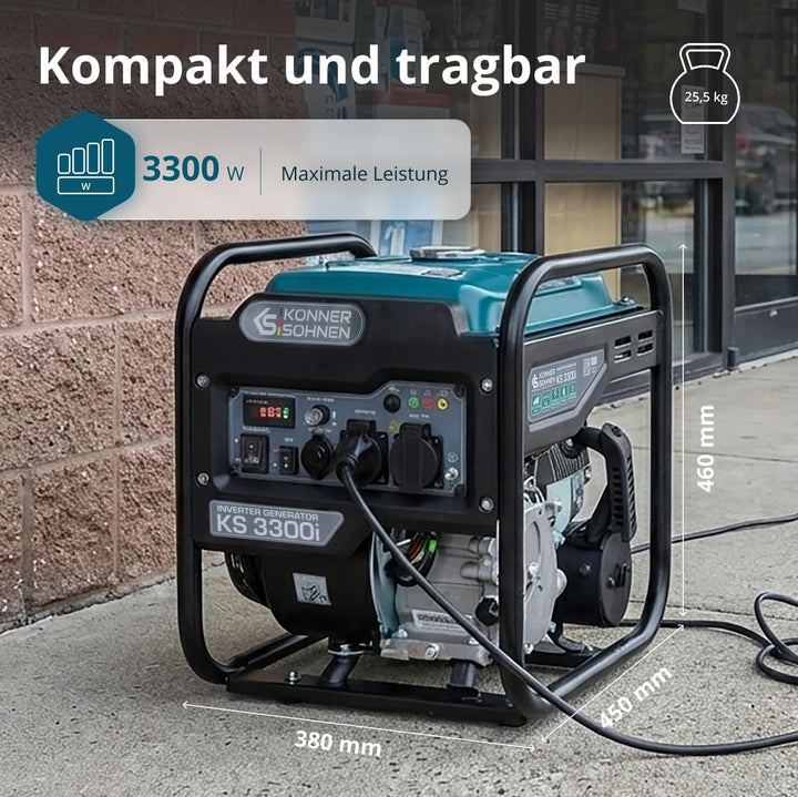 Könner & Söhnen KS 3300i. Benzin-Invertergenerator 3300W, stromerzeuger mit 2xSchuko 230V, notstromg