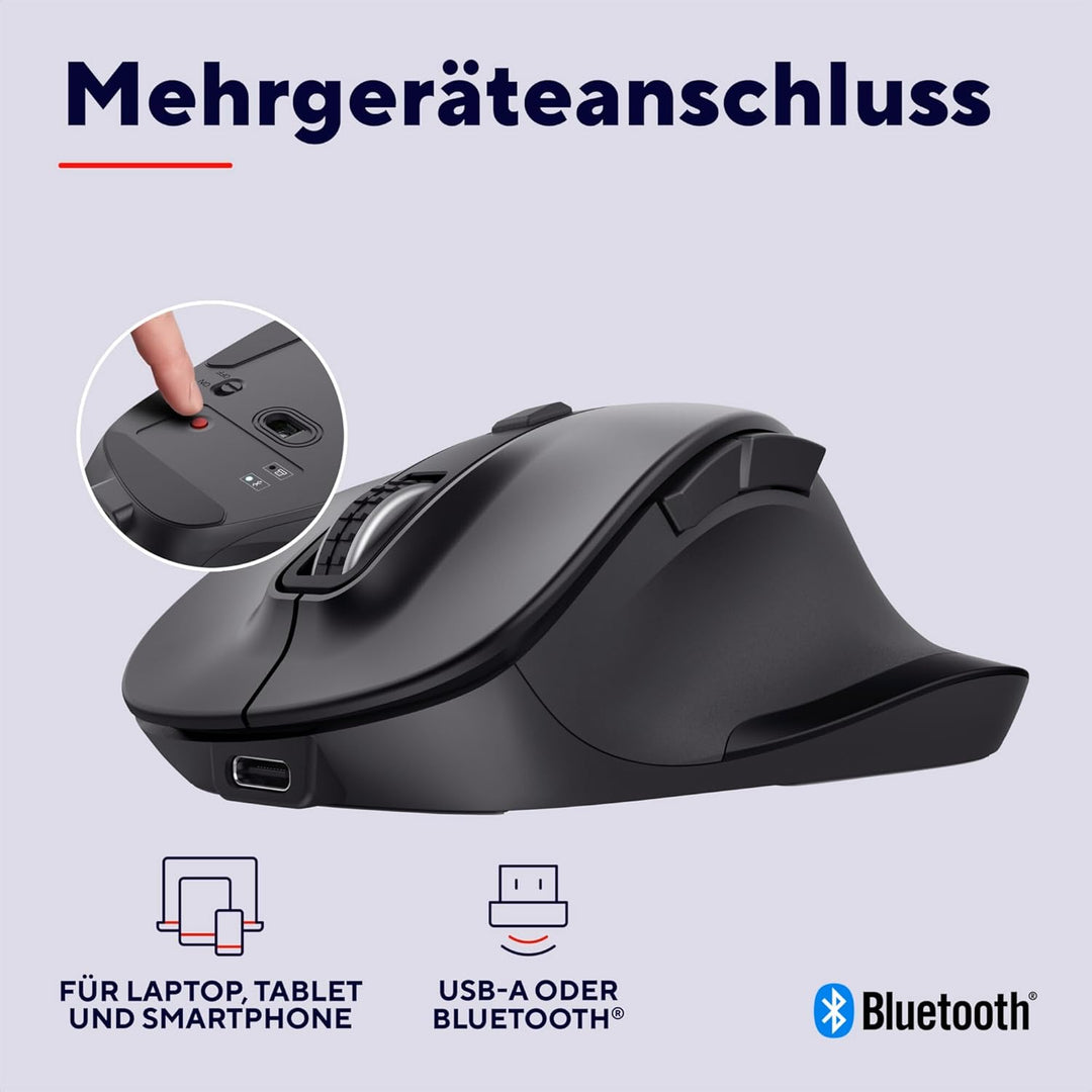 Trust Fyda Aufladbare Kabellose Maus Bluetooth + 2.4GHz, Ergonomische Daumenauflage, 50% Recyclingku