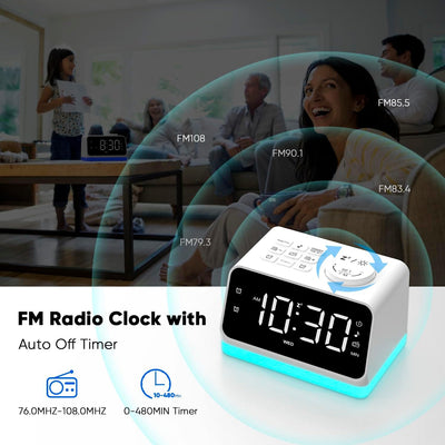 AFEXOA Wecker digital Kinder Radiowecker mit Licht, Geräuschmaschine, Tischuhr mit 2 Wecker, UKW-Rad