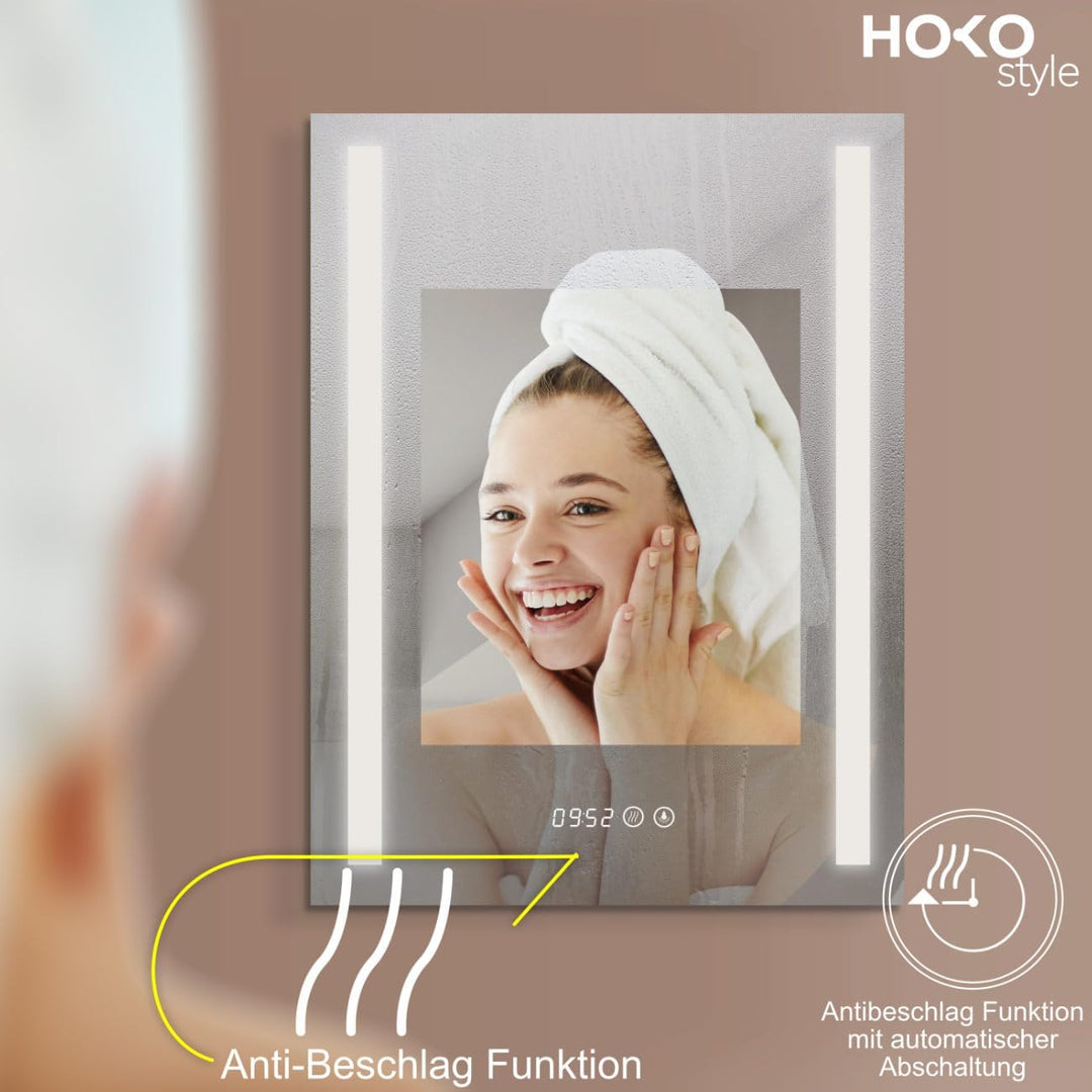 HOKO® LED Badspiegel 50x70 cm. Mit Uhr + ANTIBESCHLAG SPIEGELHEIZUNG. Design Bad Spiegel mit Beleuch