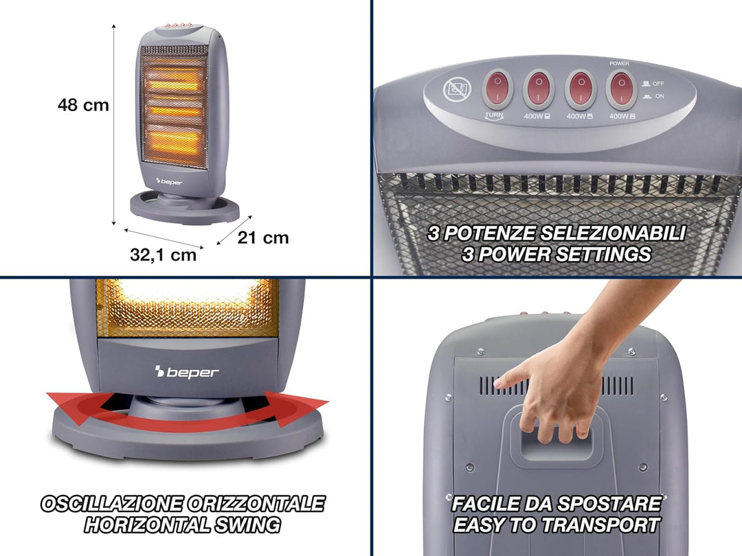 BEPER P203PAN010 Oszillierendes Halogen-Heizgerät, 1200W, geringer Energieverbrauch, geräuschlos, Gr