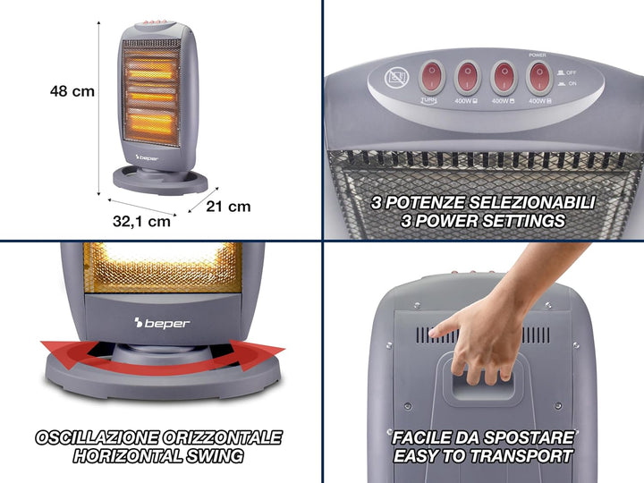 BEPER P203PAN010 Oszillierendes Halogen-Heizgerät, 1200W, geringer Energieverbrauch, geräuschlos, Gr
