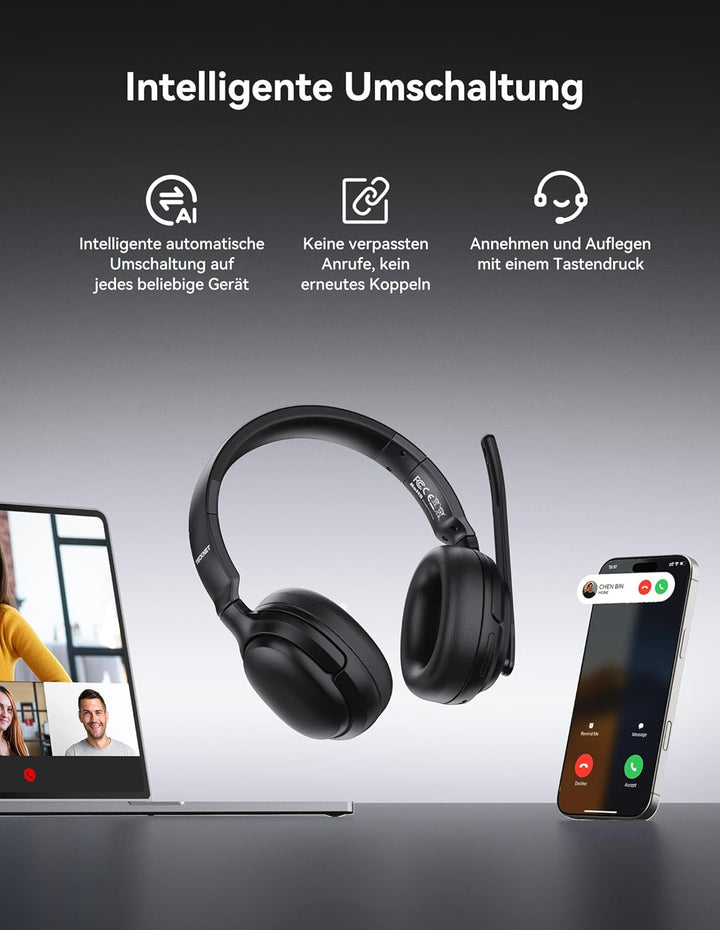 TECKNET Bluetooth Headset mit Mikrofon, kopfhörer kabellos mit BT5.4 Technologie, Mono/Stereo 2-in-1