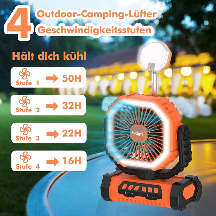 Outdoor Camping Ventilator mit Licht, 20000mAh Akku, wiederaufladbarer tragbarer Ventilator mit Fern