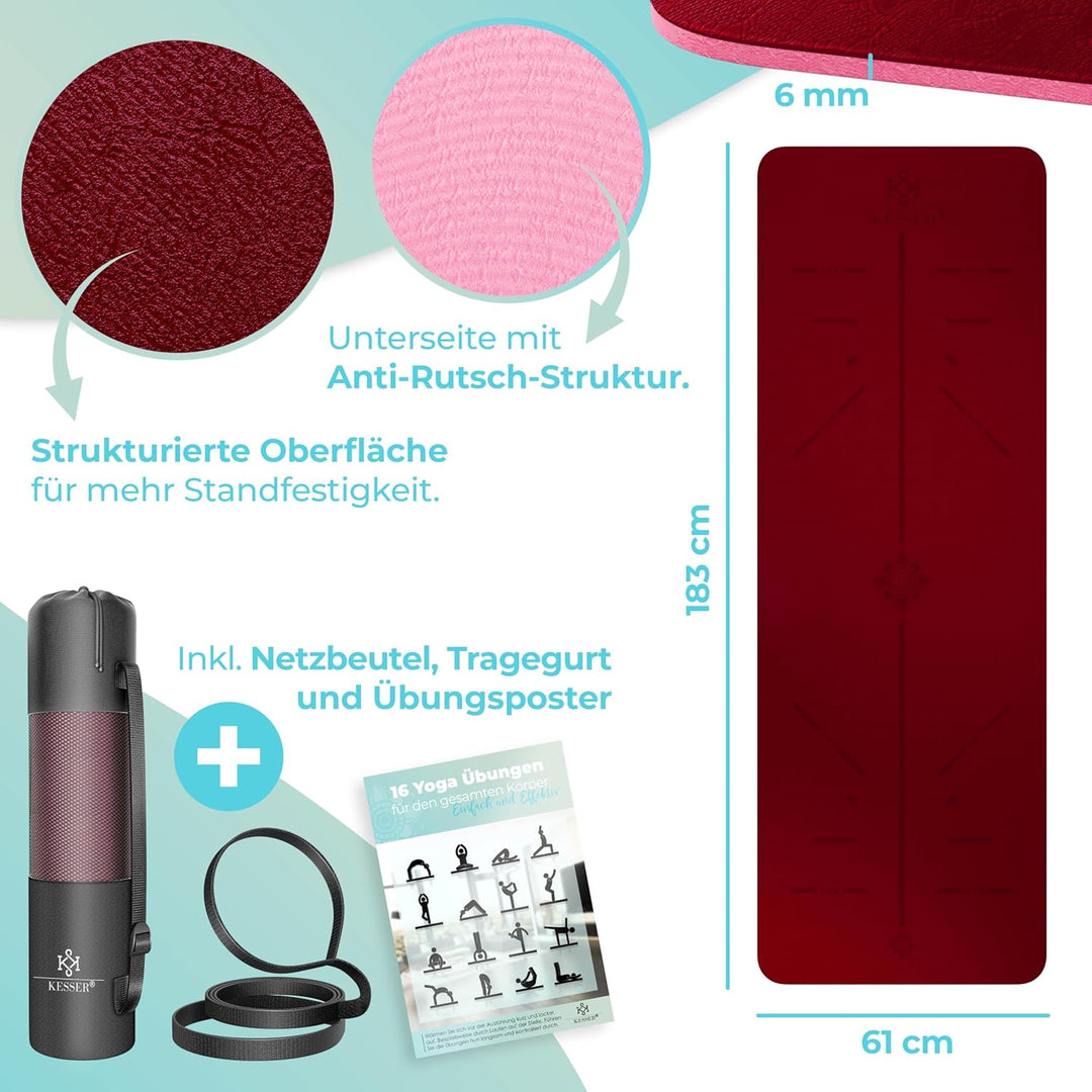 KESSER® Gymnastikmatte mit Tragegurt rutschfest TPE Yogamatte Gepolstert & rutschfest Fitnessmatte,