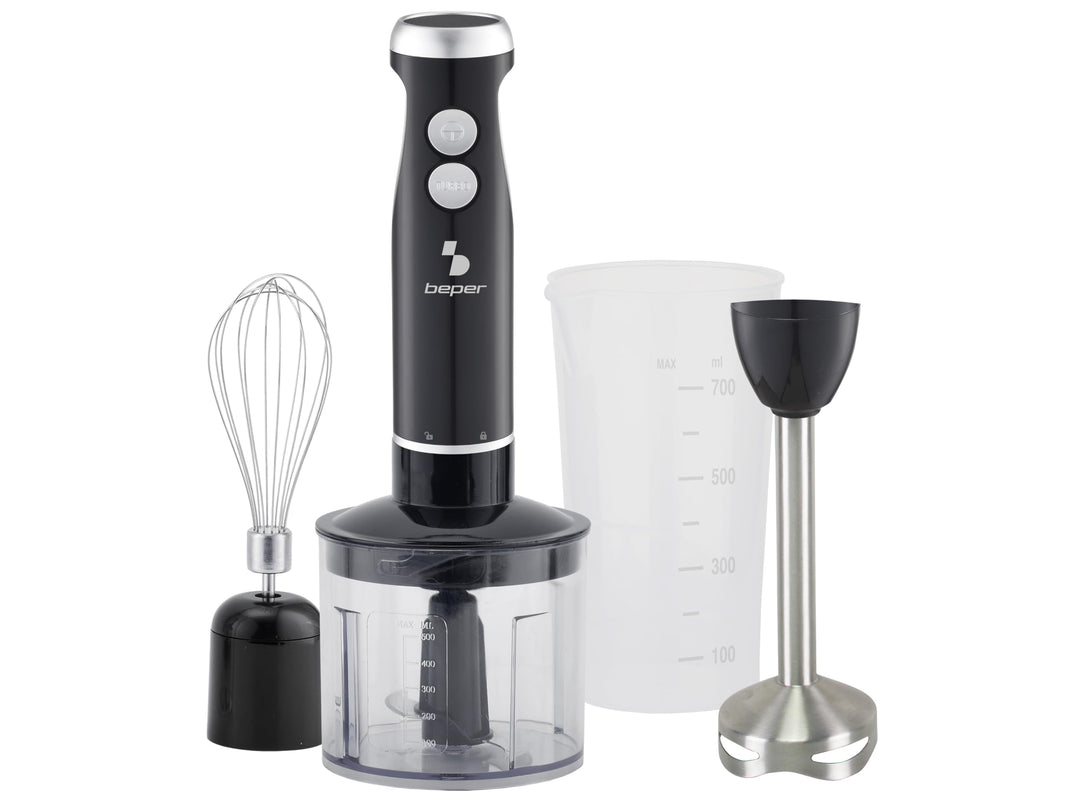 BEPER P102FRU151 4-in-1-Stabmixer, Multifunktionsmixer mit 500-ml-Zerkleinerer, Schneebesen, 700-ml-