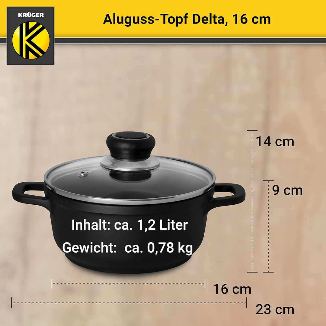 Krüger Aluguss-Topf Delta mit Glasdeckel - 16 cm - Kochtopf für gesunde & fettarme Speisen - geeigne