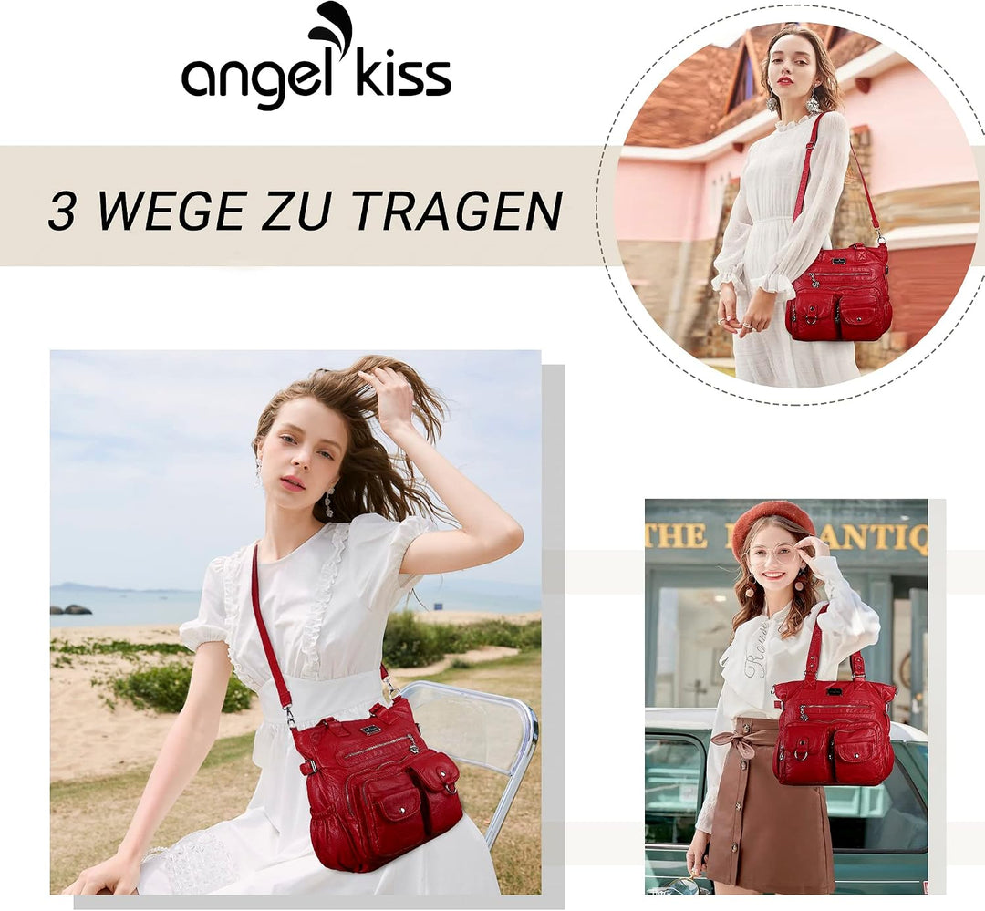 angel kiss Handtasche Damen Schultertasche Multifunktionale Umhängetaschen Gewaschenes Veganes Leder