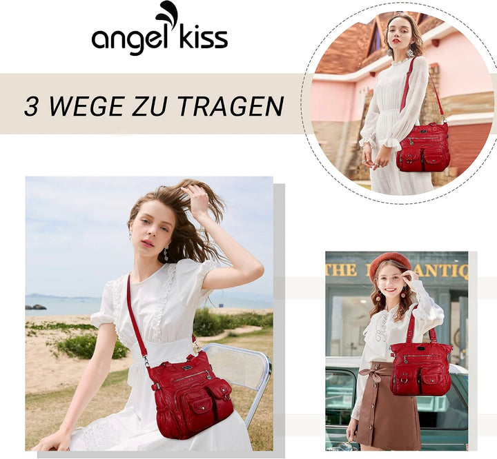 angel kiss Handtasche Damen Schultertasche Multifunktionale Umhängetaschen Gewaschenes Veganes Leder