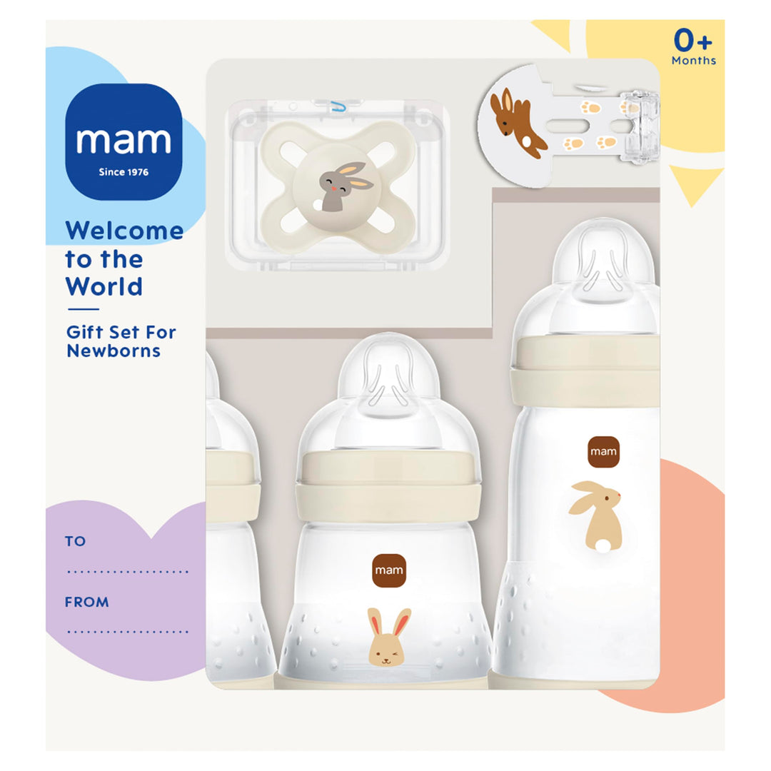 MAM Welcome To The World Set, Neugeborenen-Flaschen-Set mit 0-2 Monaten Baby-Schnuller und Clip, Ges
