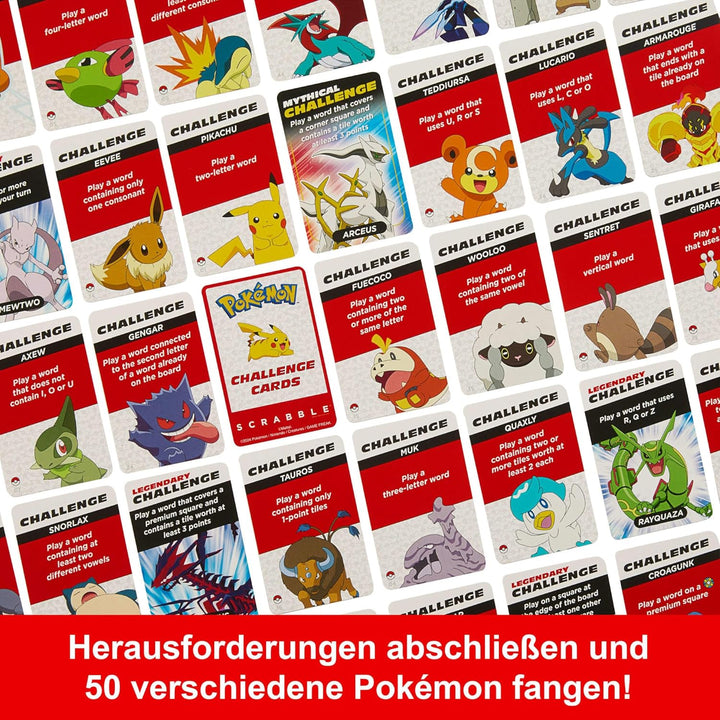 Mattel Games Scrabble Pokémon-Brettspiel, Familienwortspiel mit Zwei Spielmöglichkeiten, enthält 50