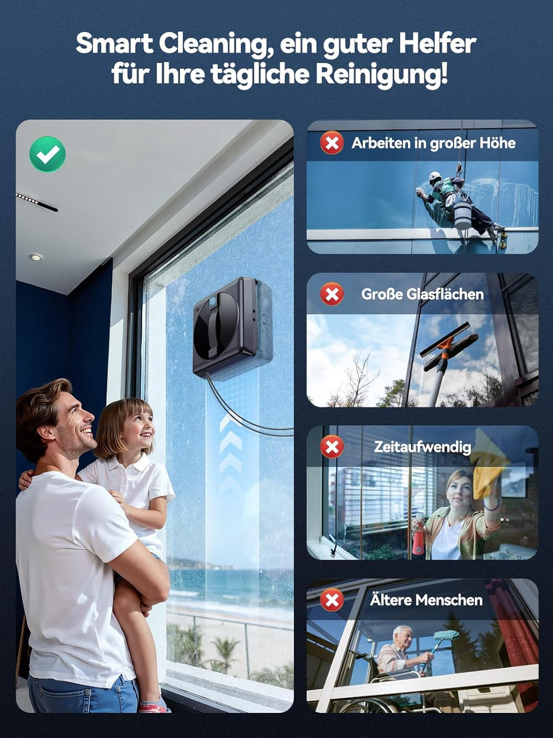 Fensterputzroboter, 5000Pa Mini Fensterroboter, Vier-Düsen-System, 64 MM ultradünn, Randerkennung, 4