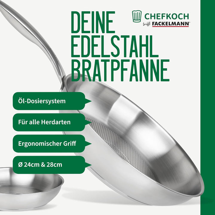 FACKELMANN Chefkoch Bratpfannen 2er-Set München aus Edelstahl Ø 28 & 24cm, Induktionsgeeignet & Spül