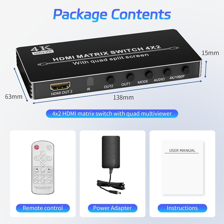 HDMI Matrix Switcher 4x2 mit Multiview, Bolaazul 4K HDMI Multi-Visor Quad Multi-Viewer Dual Monitor